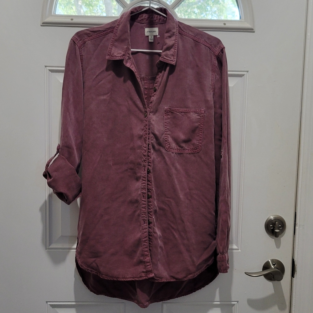 Burgundy Red Tencel Henley Shirt Roll Tab Sleeves Summer Size Small